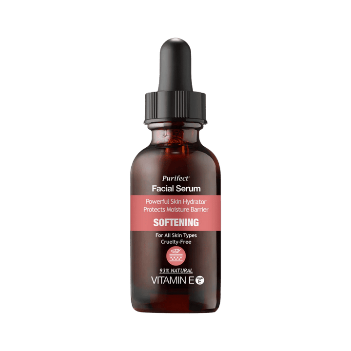 Purifect Facial Serum Vitamin E dropper bottle amber glass, softening serum, 30ml label visible text