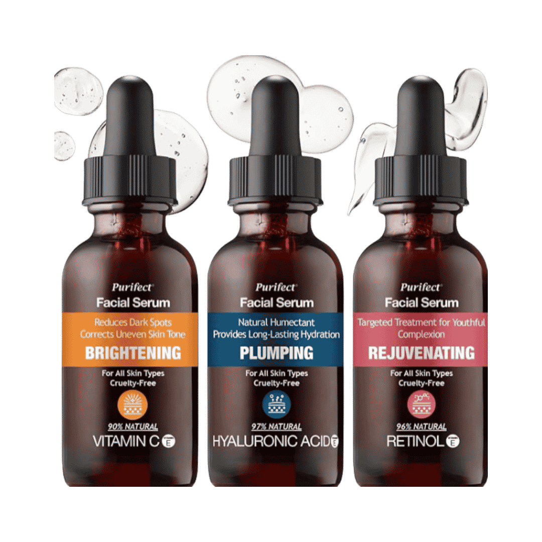 Purifect facial serum set three bottles vitamin C hyaluronic acid retinol dropper bottles brown glass packaging