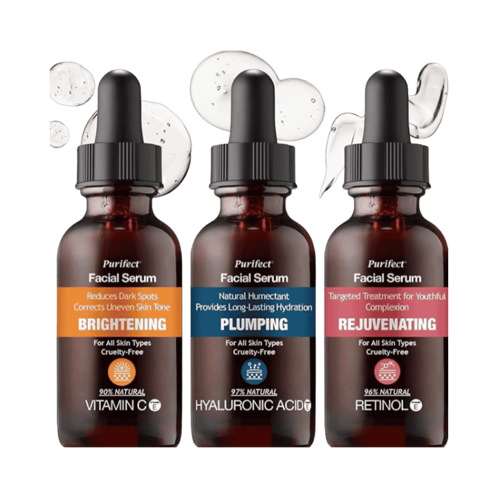 Purifect facial serum set three bottles vitamin C hyaluronic acid retinol dropper bottles brown glass packaging