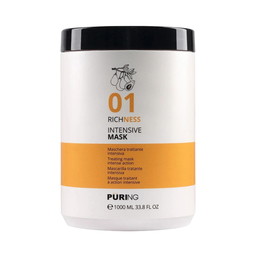 Puring 01 Richness Intensive Mask, 1000ml, white cylindrical jar with black lid and orange label