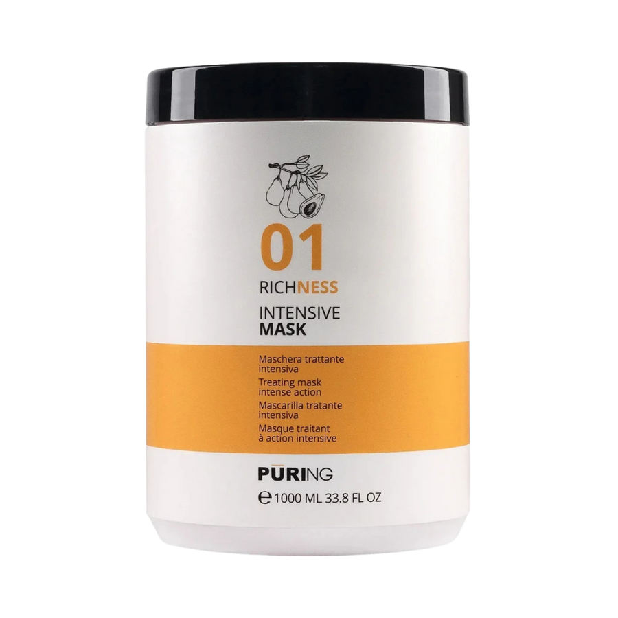 Puring 01 Richness Intensive Mask, 1000ml, white cylindrical jar with black lid and orange label