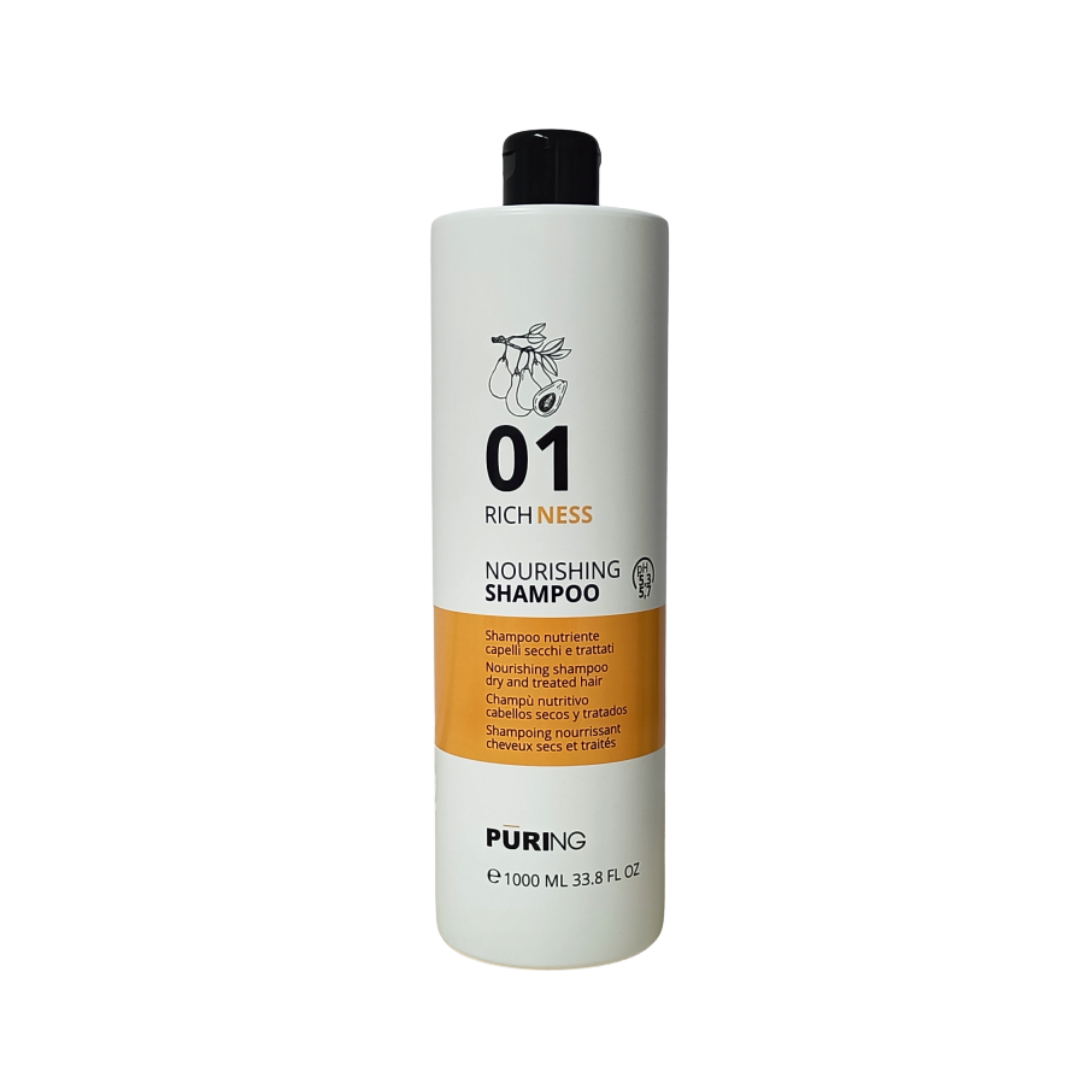 Puring 01 Richness Nourishing Shampoo, 1000ml, white cylindrical bottle with black cap and orange label