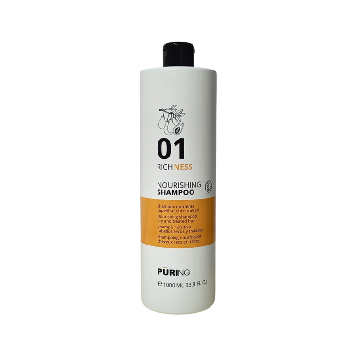 Puring 01 Richness Nourishing Shampoo, 1000ml, white cylindrical bottle with black cap and orange label