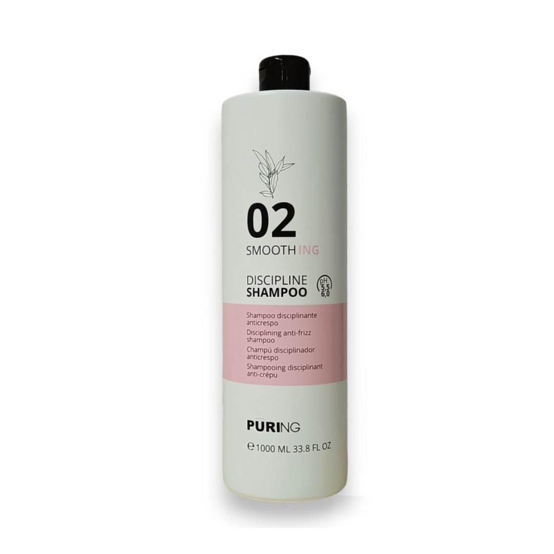 Puring 02 Smoothing Discipline shampoo, 1000ml, white cylindrical bottle with black cap and pink label