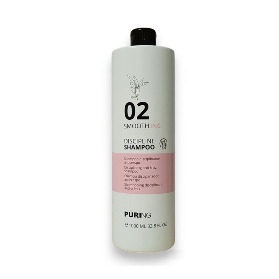 Puring 02 Smoothing Discipline shampoo, 1000ml, white cylindrical bottle with black cap and pink label