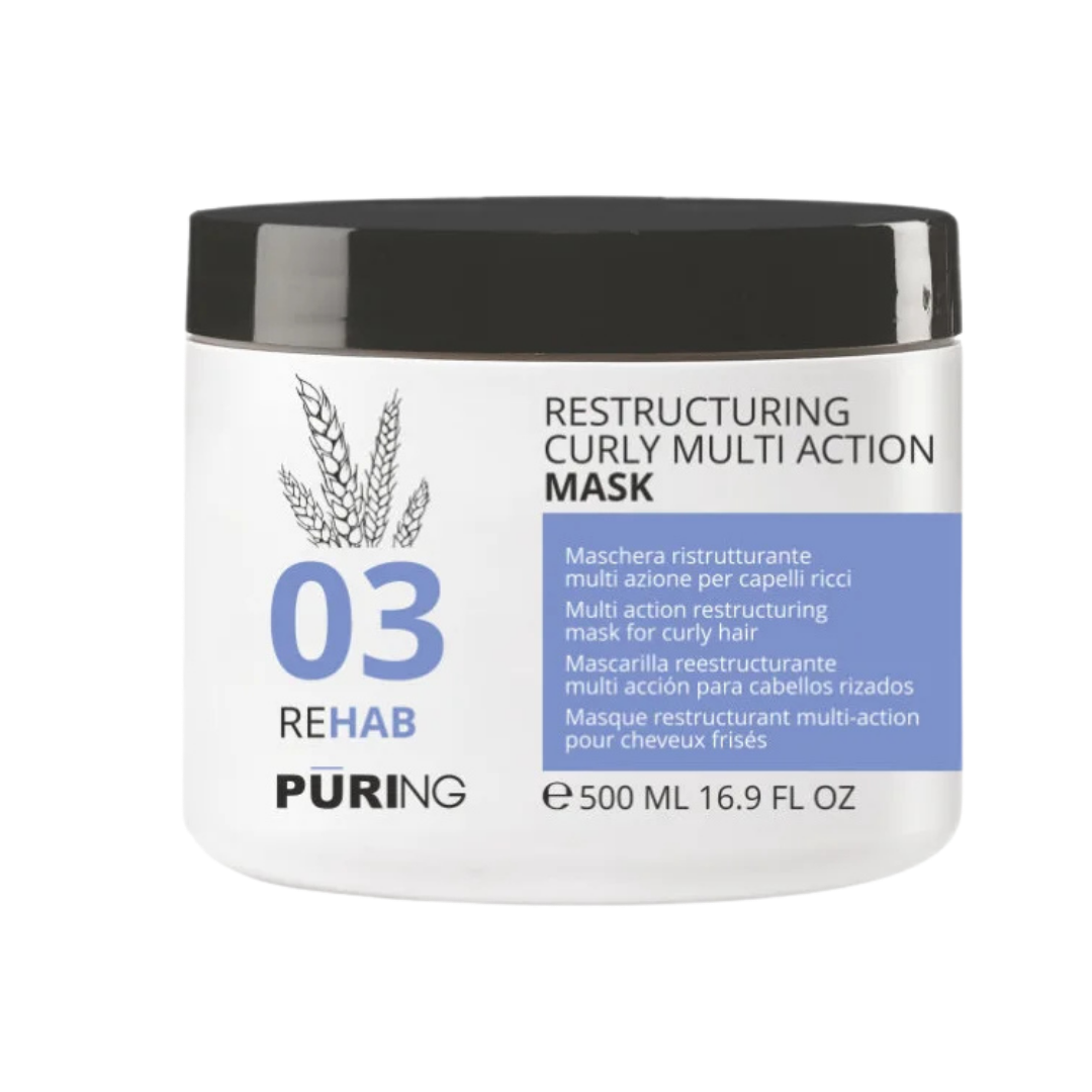 Puring 03 Rehab restructuring mask for curly hair, 500ml, white jar with black lid and blue label