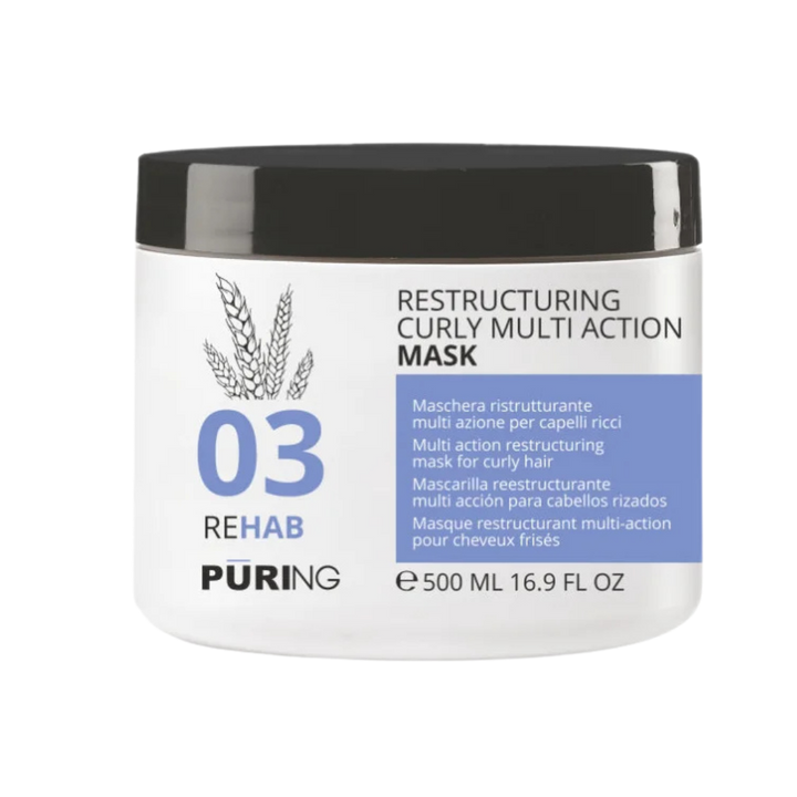 Puring 03 Rehab restructuring mask for curly hair, 500ml, white jar with black lid and blue label