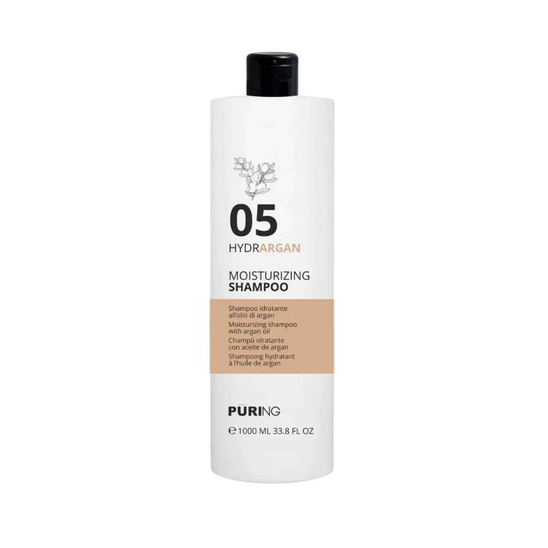 Puring 05 Hydrargan moisturizing shampoo with argan oil, 1000ml, white cylindrical bottle with black flip-top cap