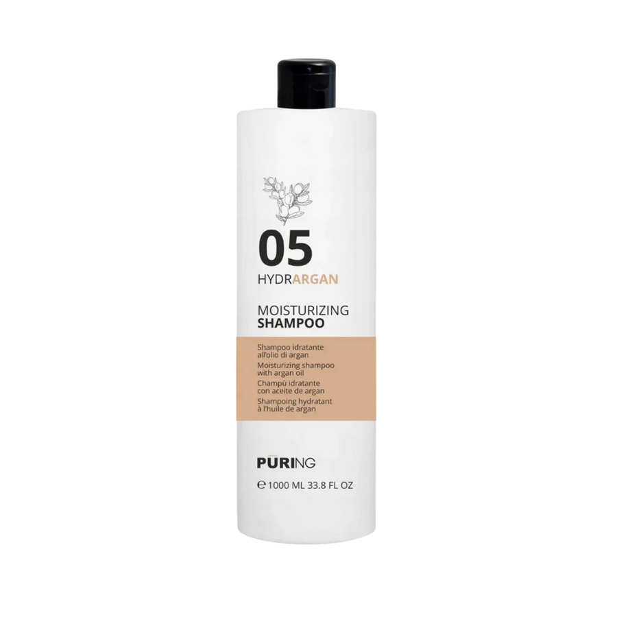 Puring 05 Hydrargan moisturizing shampoo with argan oil, 1000ml, white cylindrical bottle with black flip-top cap