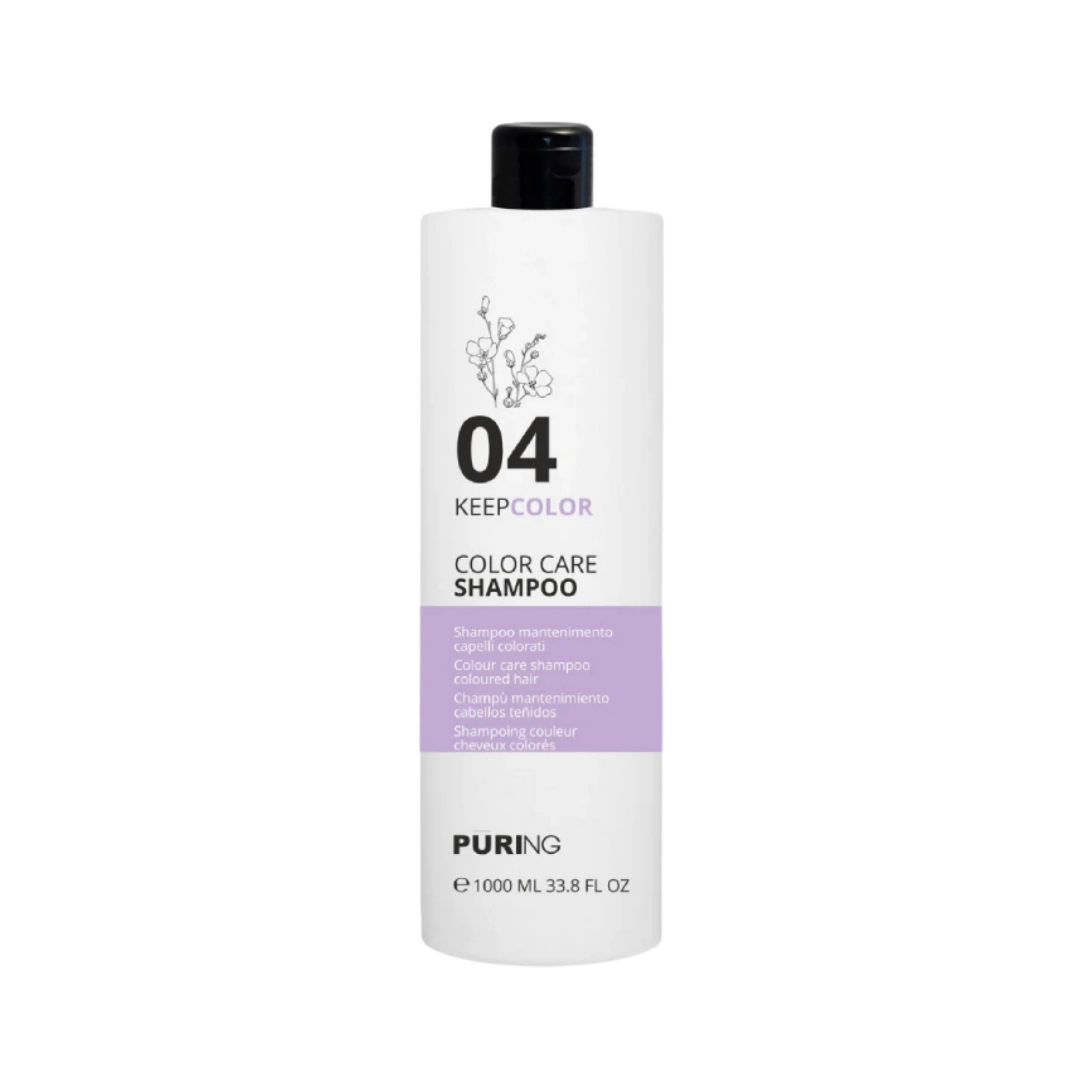 Puring 04 KeepColor Color Care shampoo, 1000ml, white cylindrical bottle with black cap and lavender label