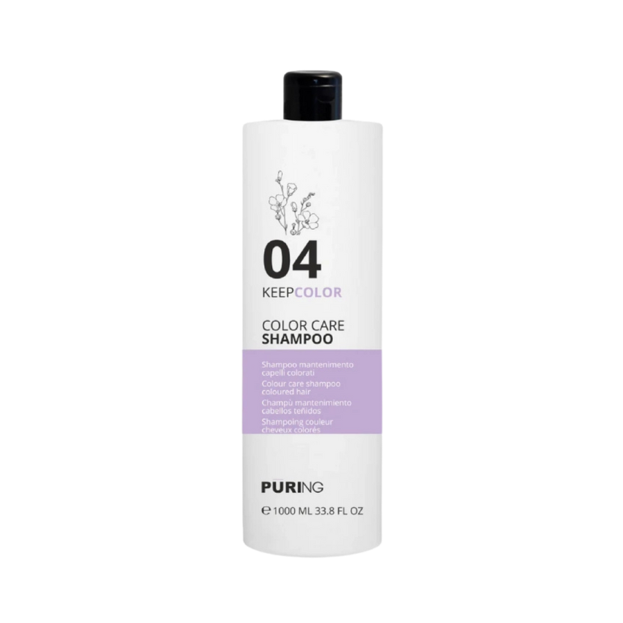 Puring 04 KeepColor Color Care shampoo, 1000ml, white cylindrical bottle with black cap and lavender label