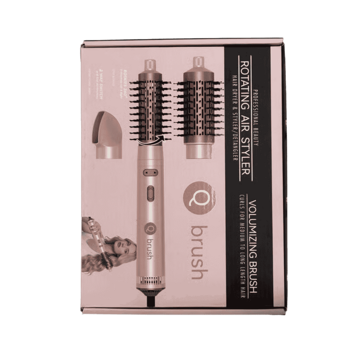 Q brush Rotating Air Styler, hair dryer and volumizing brush, visible packaging and brand name, 360° rotating barrel for medium to long hair.