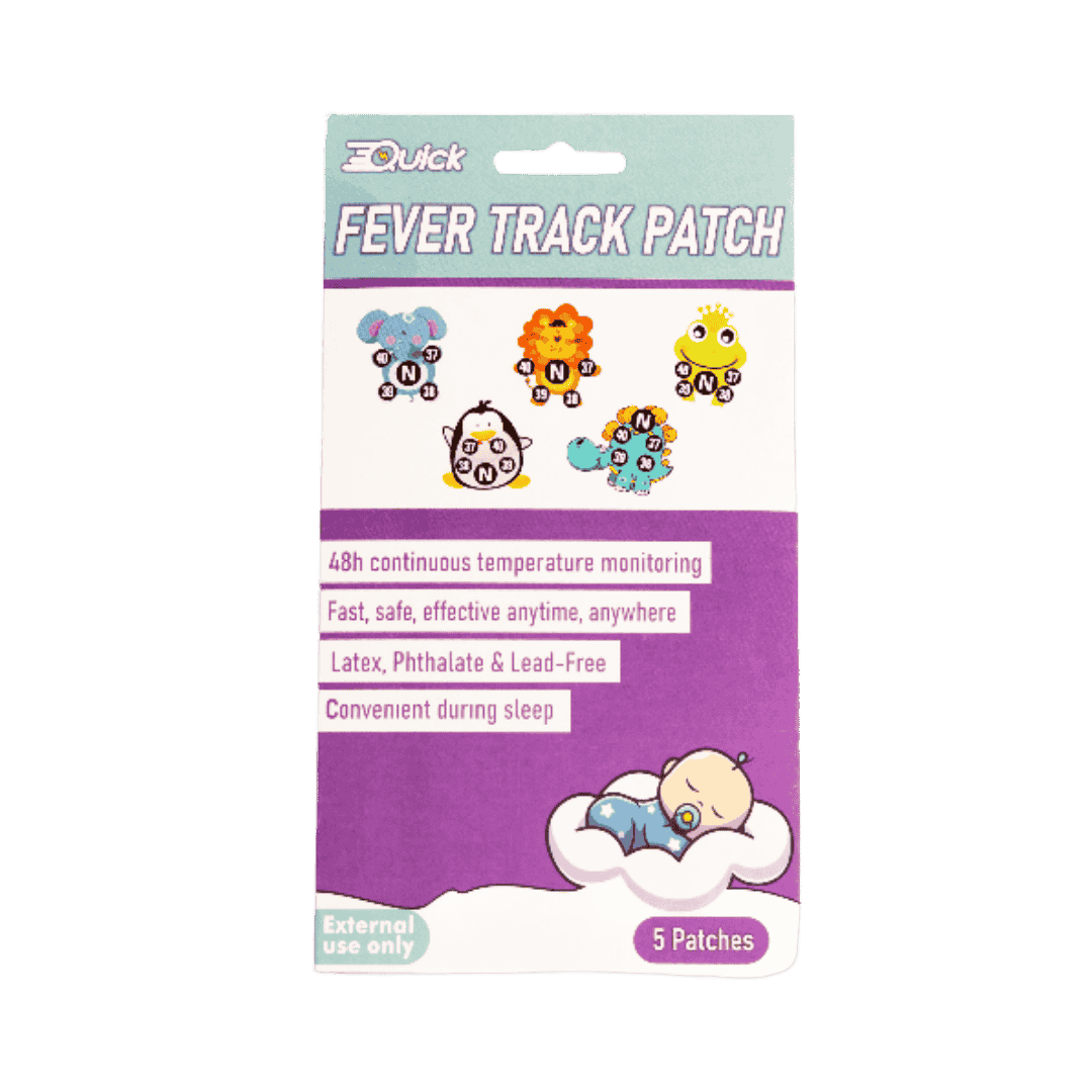 Quick Fever Track Patch, 5 patches per pack, designed for 48-hour continuous temperature monitoring. Fast, safe, and effective for use anytime, anywhere, with latex, phthalate, and lead-free materials. Convenient for use during sleep.
