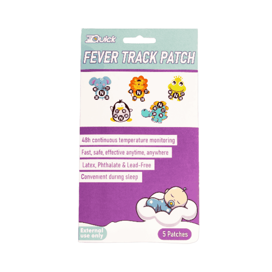 Quick Fever Track Patch, 5 patches per pack, designed for 48-hour continuous temperature monitoring. Fast, safe, and effective for use anytime, anywhere, with latex, phthalate, and lead-free materials. Convenient for use during sleep.