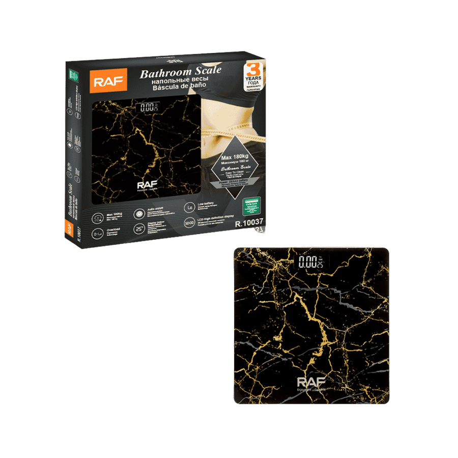 RAF black marble digital bathroom scale with gold pattern and retail box, maximum capacity 180kg