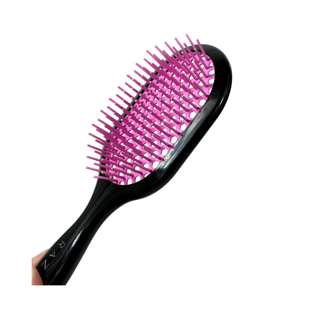 RAZZO hair brush with black handle, pink vented cushion, and flexible plastic bristles for detangling
