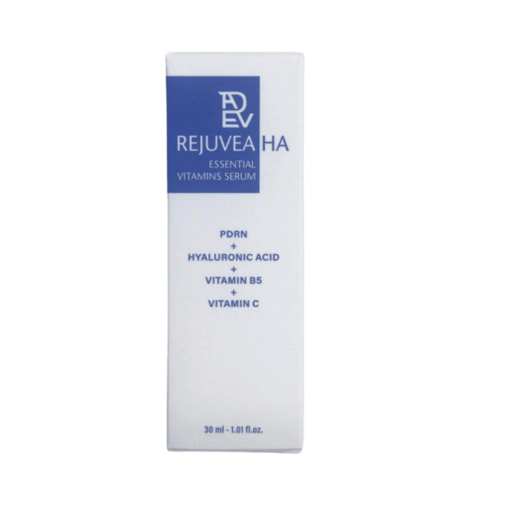 REJUVEA HA Essential Vitamins Serum, 30ml, in tall white box with blue branding and ingredient callouts.