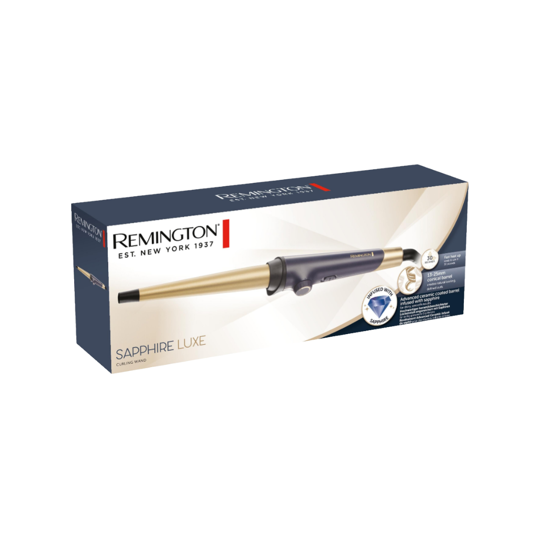Remington Sapphire Luxe curling wand box, blue and white packaging with gold conical barrel styling tool image