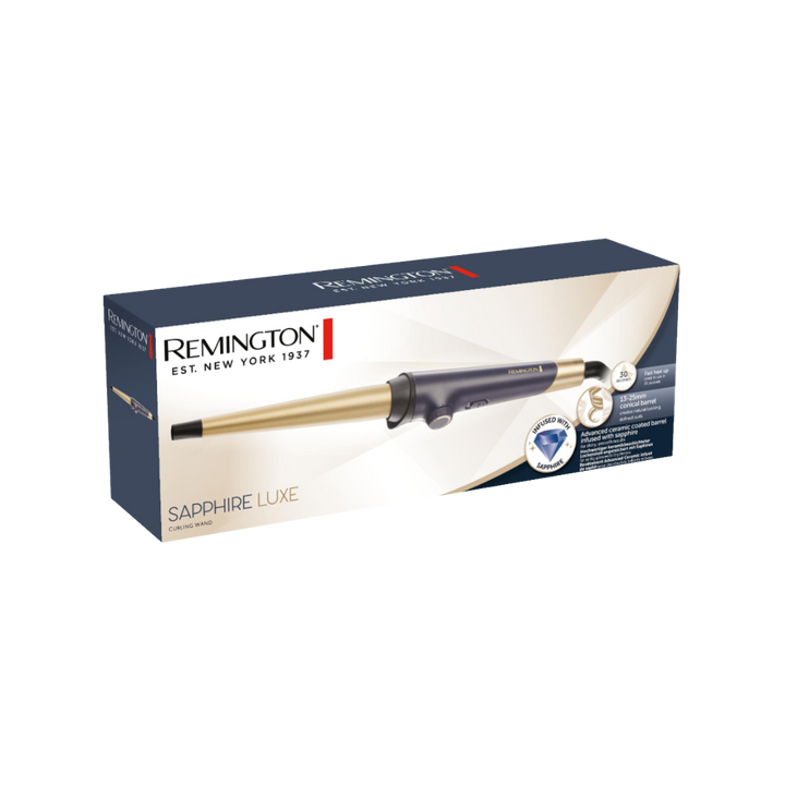 Remington Sapphire Luxe curling wand box, blue and white packaging with gold conical barrel styling tool image