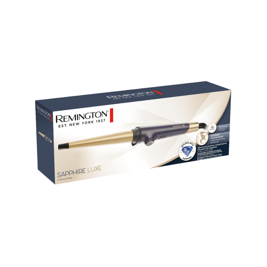Remington Sapphire Luxe curling wand box, blue and white packaging with gold conical barrel styling tool image