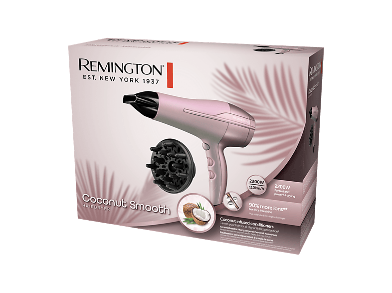 Remington Coconut Smooth hair dryer, pink 2200W dryer on box with diffuser attachment