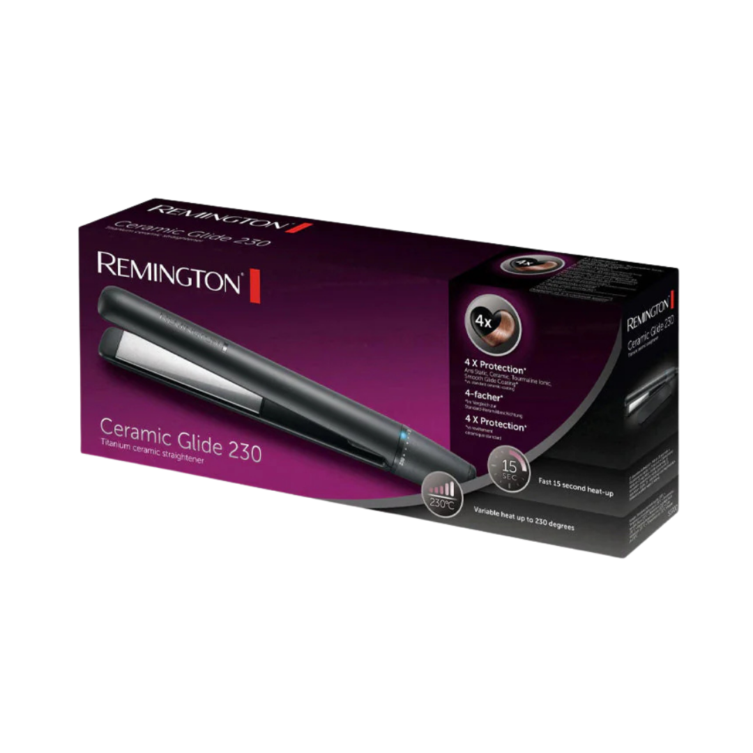 Remington Ceramic Glide 230 hair straightener box, titanium ceramic plates, variable heat up to 230°C, purple packaging