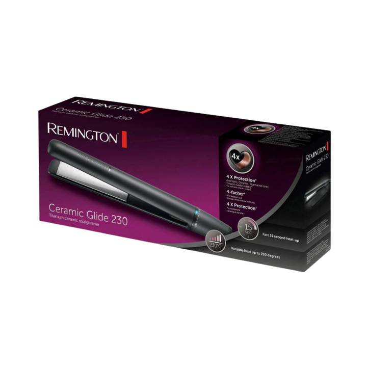 Remington Ceramic Glide 230 hair straightener box, titanium ceramic plates, variable heat up to 230°C, purple packaging