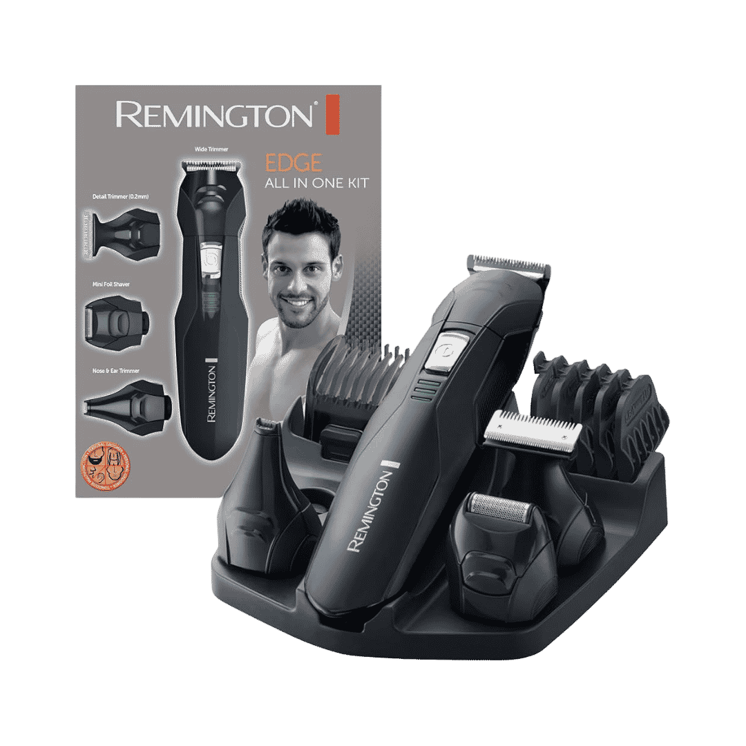 Remington all-in-one grooming kit with wide trimmer, shaver attachments, combs, and travel pouch.