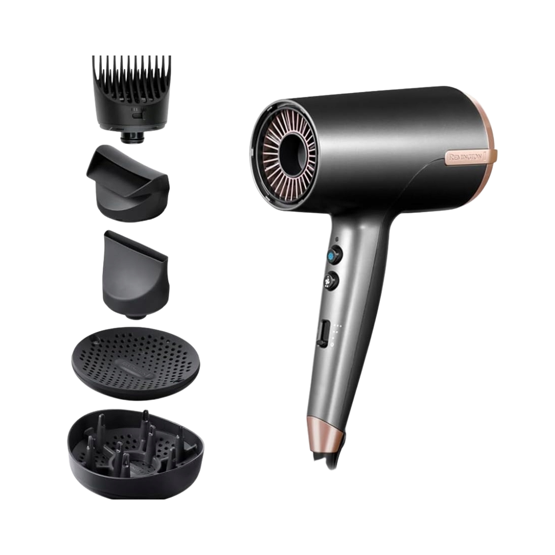 REMINGTON One Dry & Style Hairdryer, black and gray handheld dryer with rose-gold accents and multiple styling attachments.
