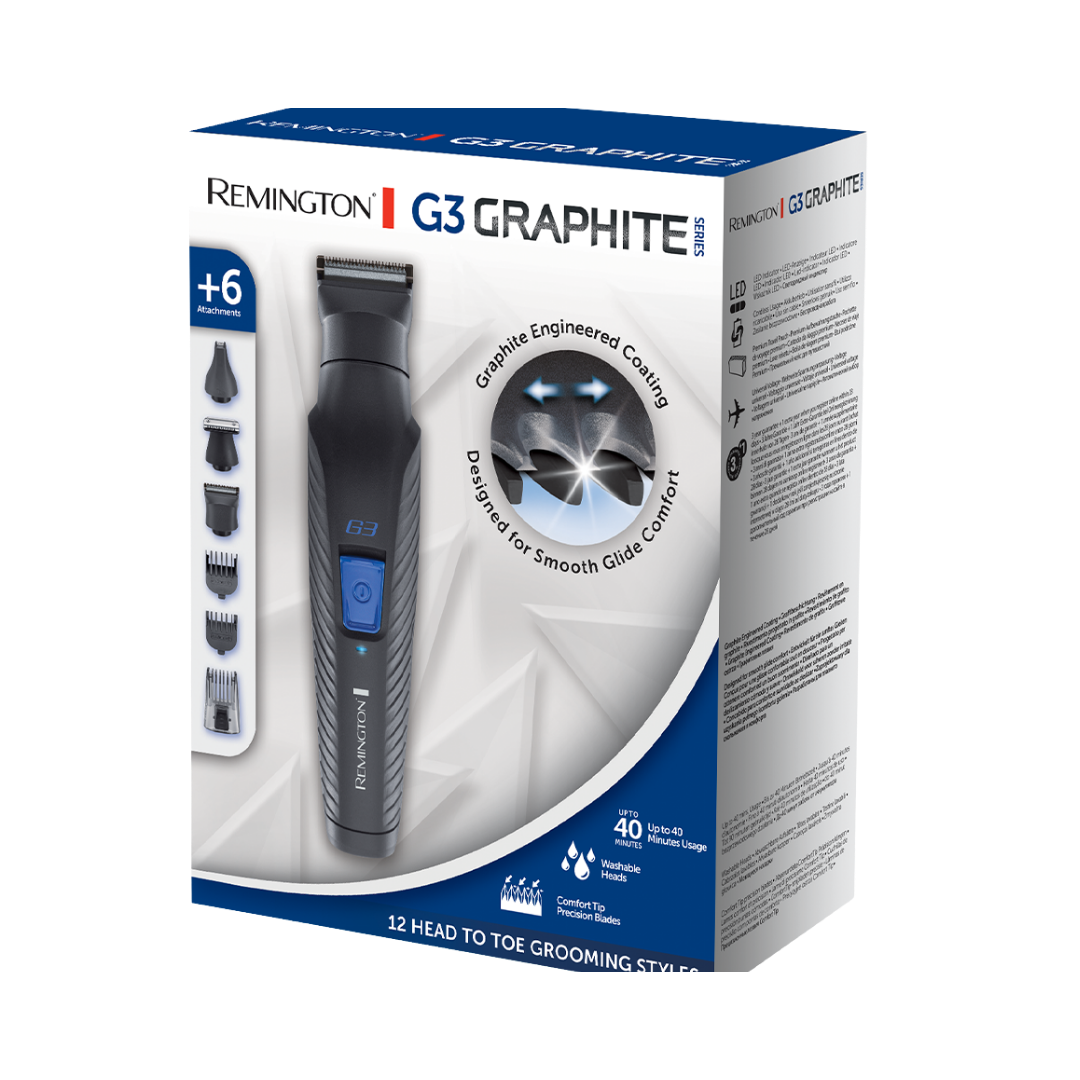 REMINGTON PG3000 G3 Graphite Series grooming kit box with trimmer, six attachments, blue white packaging