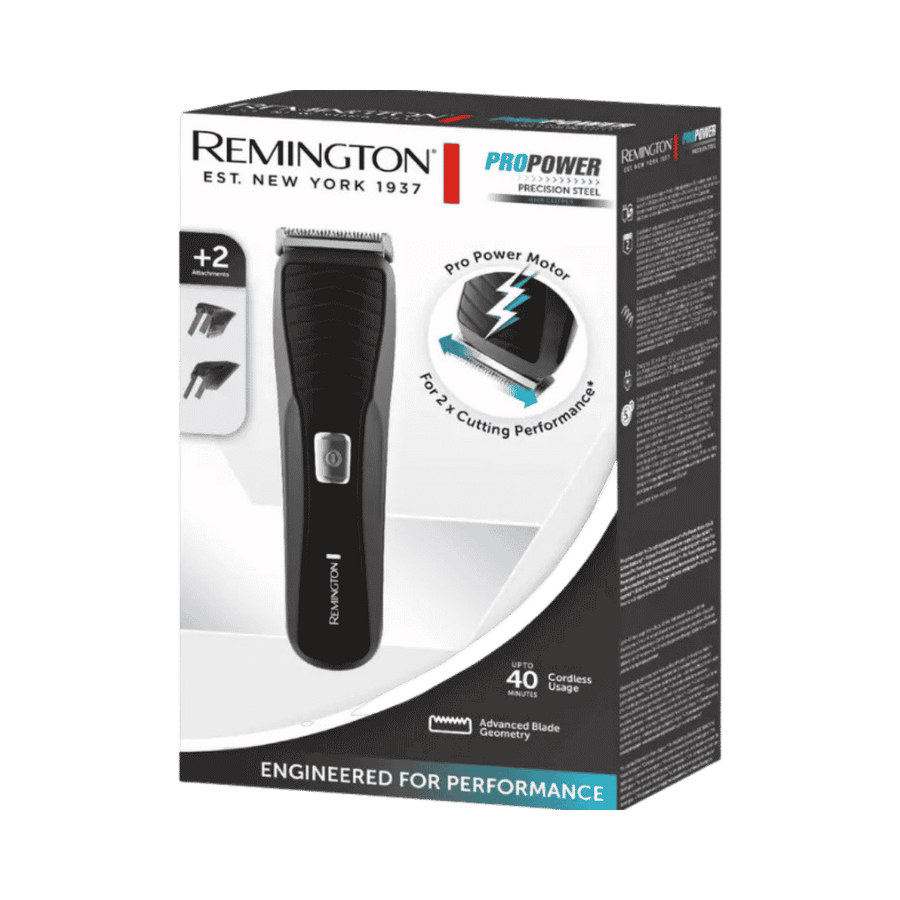 Remington Pro Power Precision Steel hair clipper, black trimmer on white box with two attachments