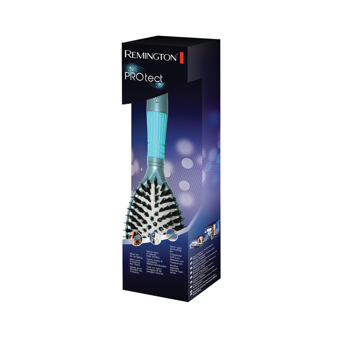 Remington PROtect cushion hair brush with mixed nylon and natural bristles, ergonomic handle, boxed packaging