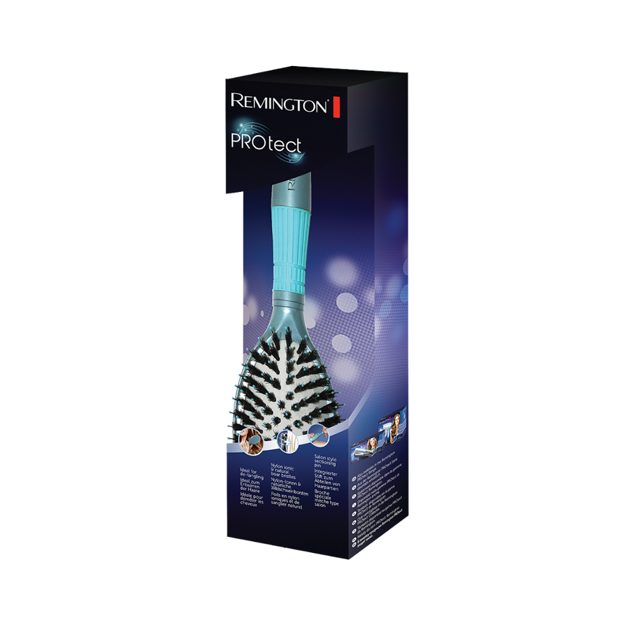 Remington PROtect cushion hair brush with mixed nylon and natural bristles, ergonomic handle, boxed packaging