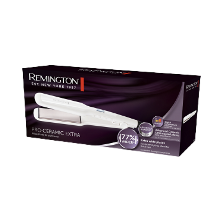 Remington Pro-Ceramic Extra hair straightener with white plates shown on purple retail packaging box
