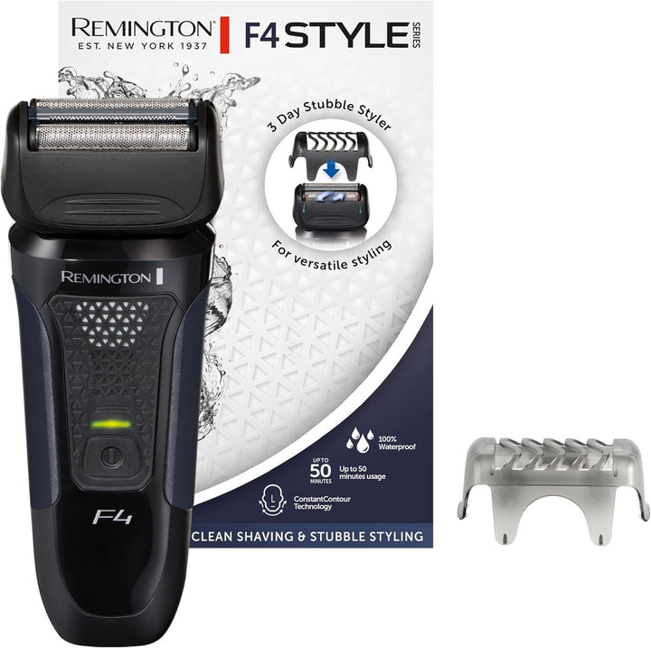 REMINGTON F4 Style Series Foil Shaver box with black shaver, stubble styler attachment, white packaging