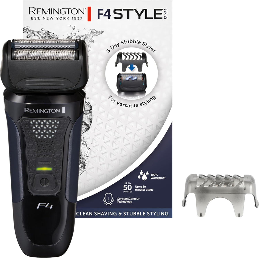 REMINGTON F4 Style Series Foil Shaver box with black shaver, stubble styler attachment, white packaging