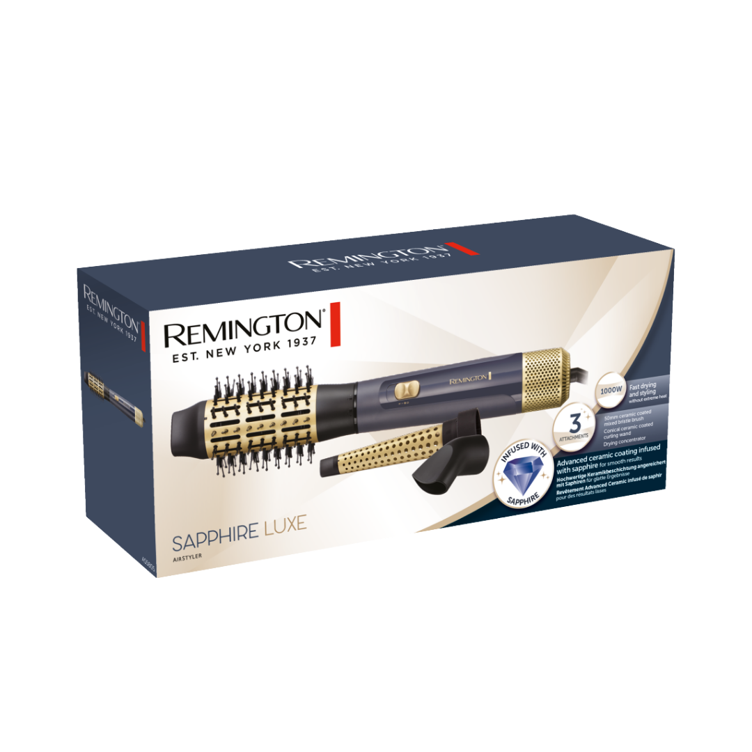 Remington Sapphire Luxe Air Styler, 1000W, with 3 attachments, advanced ceramic coating infused with sapphire.

