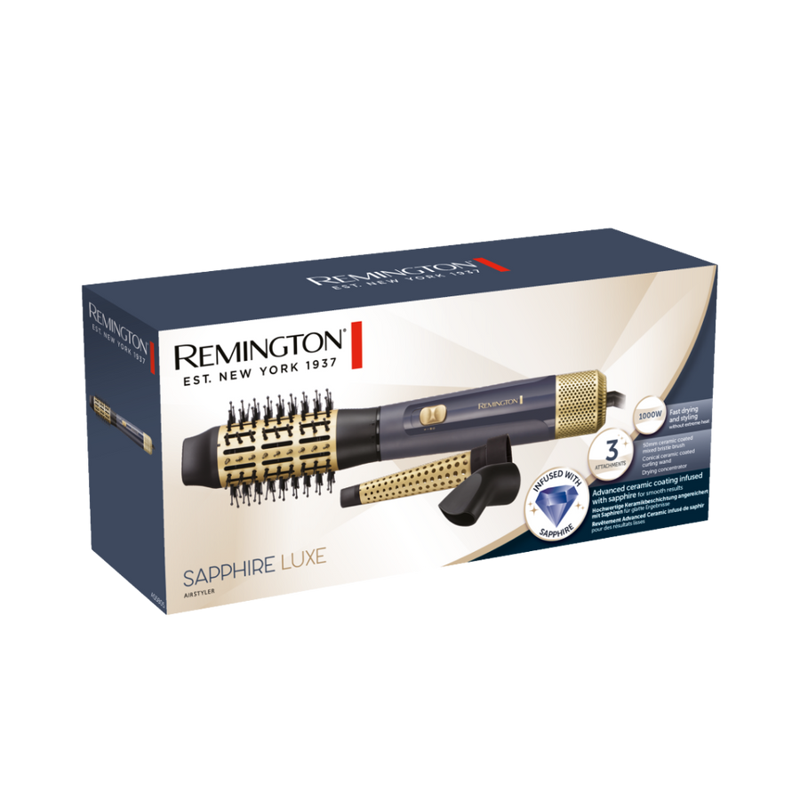 Remington Sapphire Luxe Air Styler, 1000W, with 3 attachments, advanced ceramic coating infused with sapphire.
