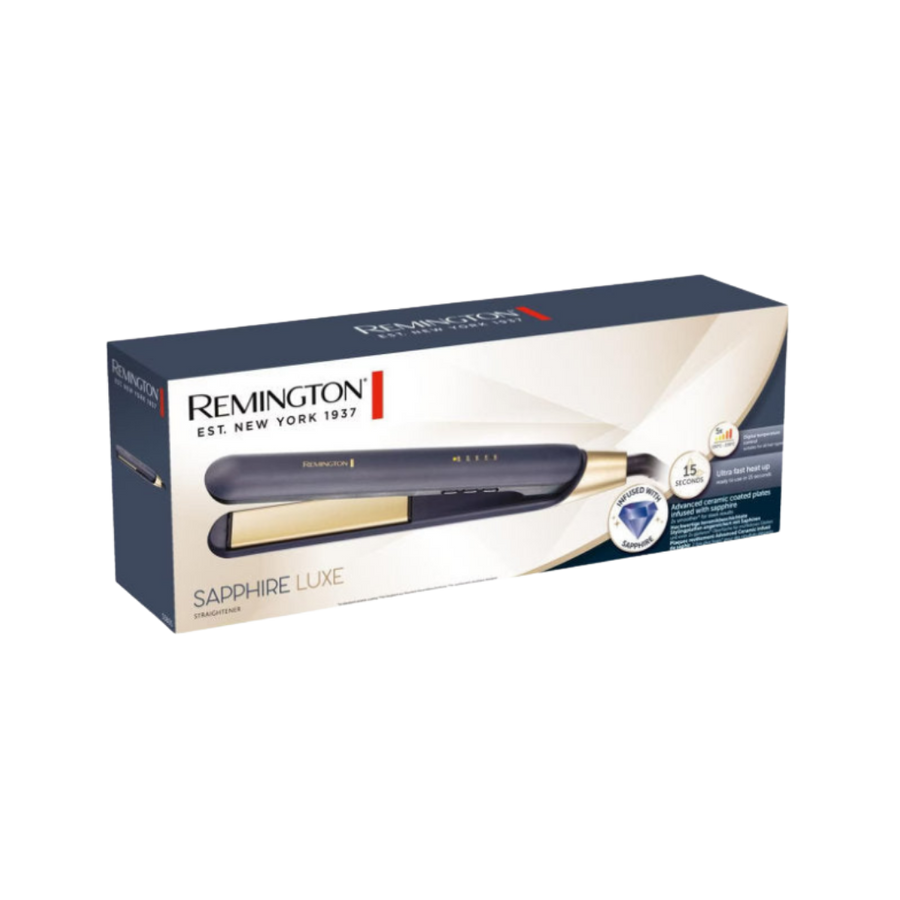 Remington Sapphire Luxe Hair Straightener, featuring advanced ceramic-coated plates infused with sapphire, heats up in 15 seconds, with a sleek design and packaging.