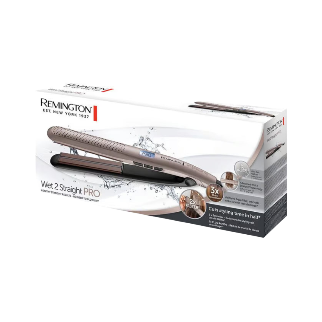 Remington Wet 2 Straight Pro hair straightener, beige flat iron, boxed packaging with digital display and water splash design.