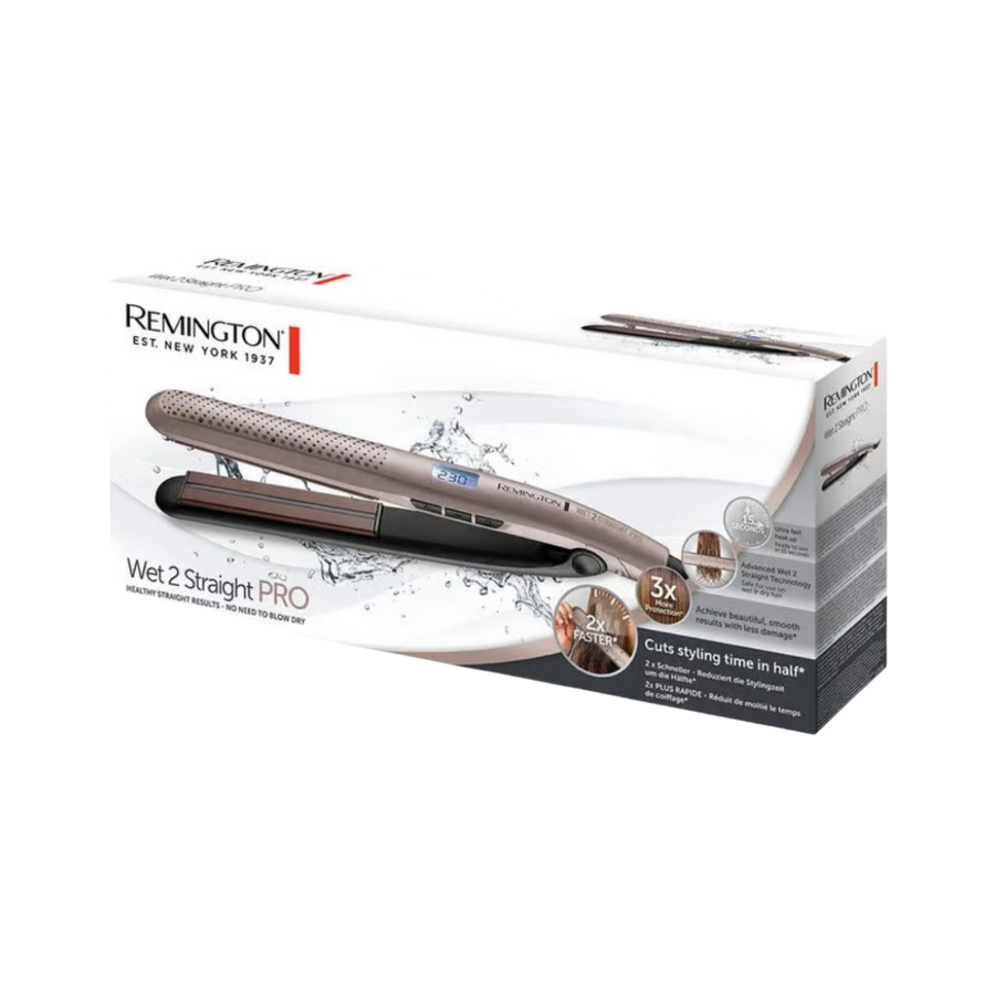 Remington Wet 2 Straight Pro hair straightener, beige flat iron, boxed packaging with digital display and water splash design.
