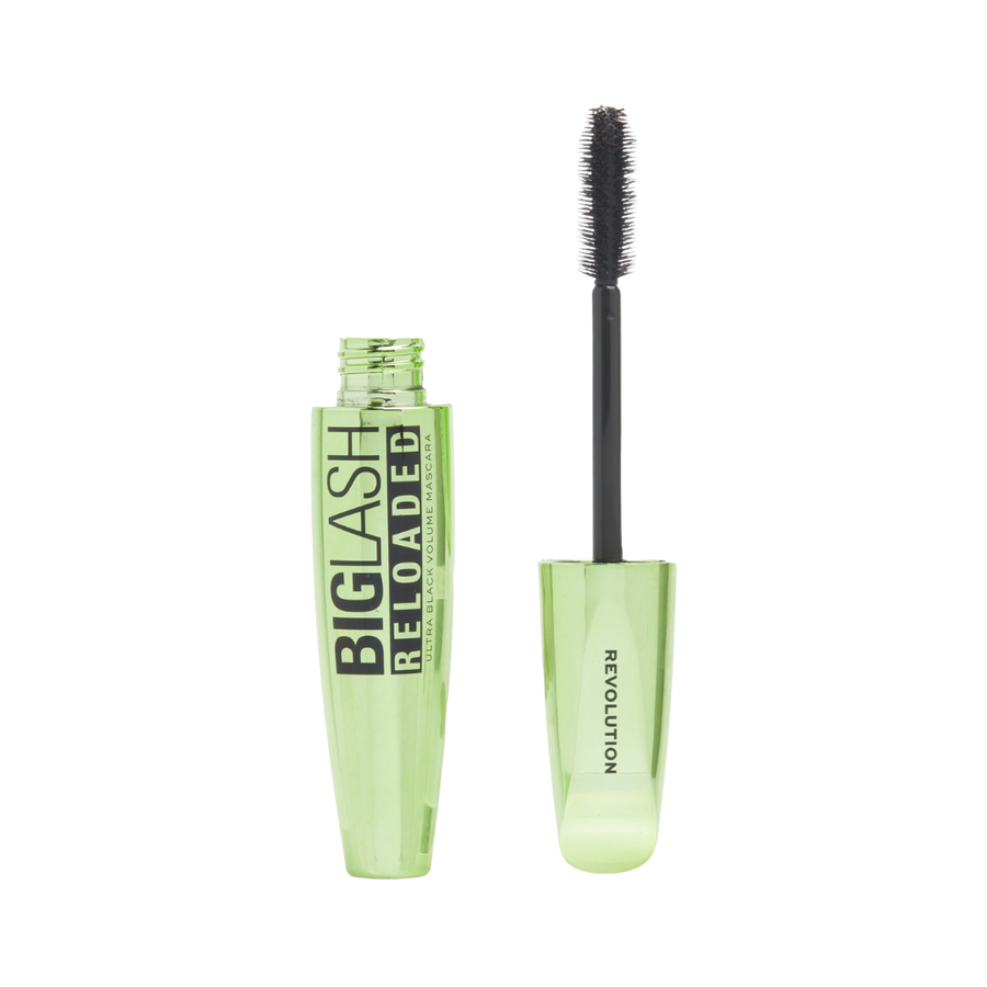 Revolution Big Lash Reloaded mascara, ultra black, green tube packaging, open container with brush applicator visible.

