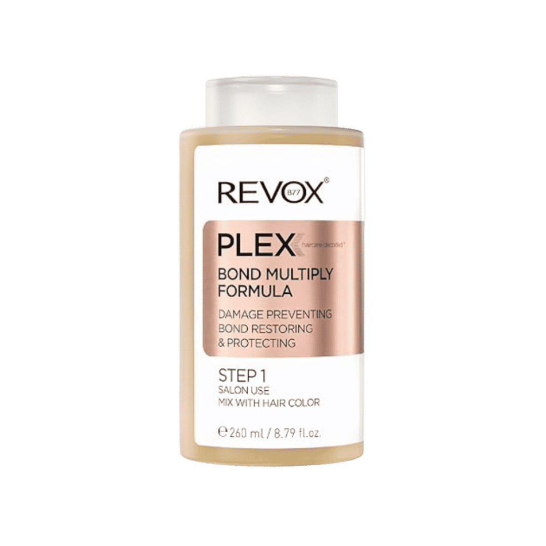 REVOX Plex Bond Multiply Formula Step 1 hair treatment, beige 260ml bottle with rose gold label