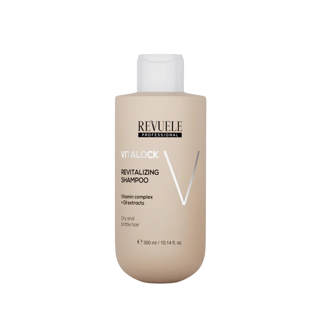 Revuele Professional Vitalock Revitalizing Shampoo bottle with beige packaging, white cap, and 300ml size.