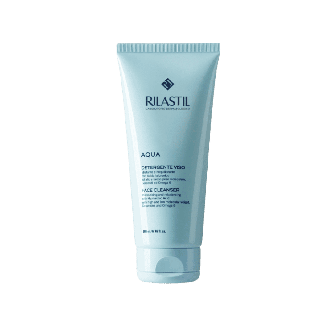 Rilastil Aqua Face Cleanser, light blue 200ml tube with navy text and flip cap
