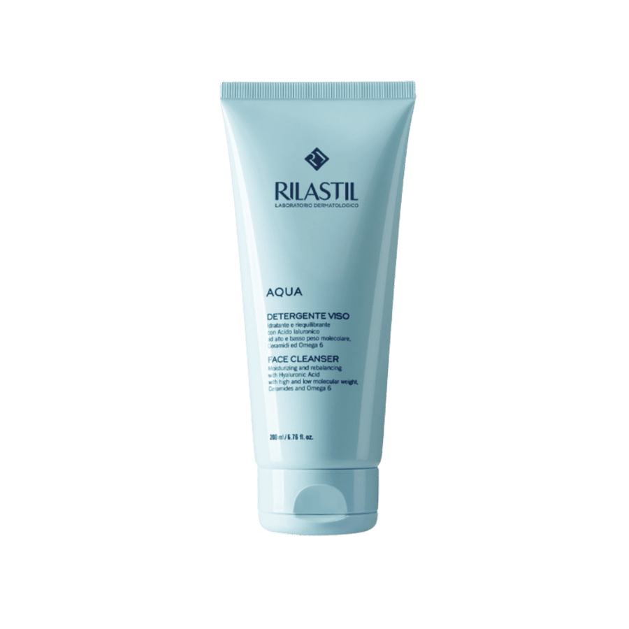 Rilastil Aqua Face Cleanser, light blue 200ml tube with navy text and flip cap