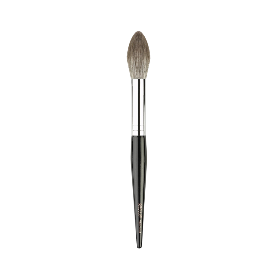 Makeup brush with black handle, silver ferrule, and soft rounded bristles for face application.