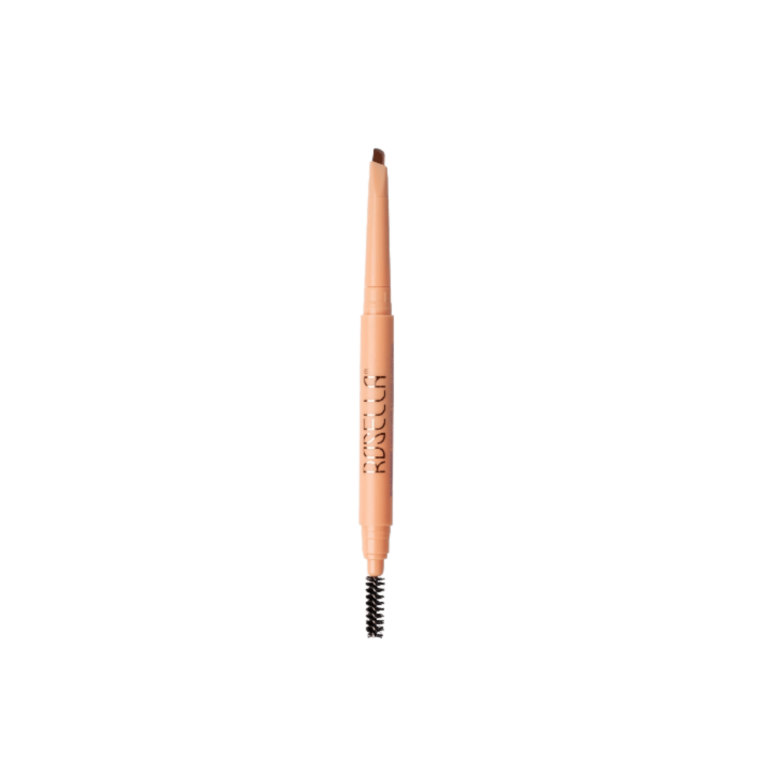 Rosella medium brown eyebrow pencil with angled tip, spoolie brush, and brown shade swatch