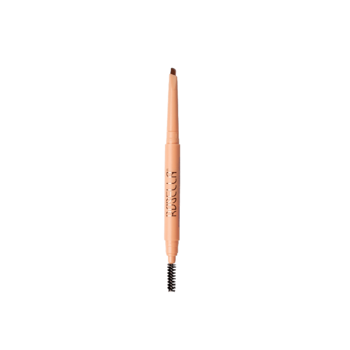 Rosella medium brown eyebrow pencil with angled tip, spoolie brush, and brown shade swatch