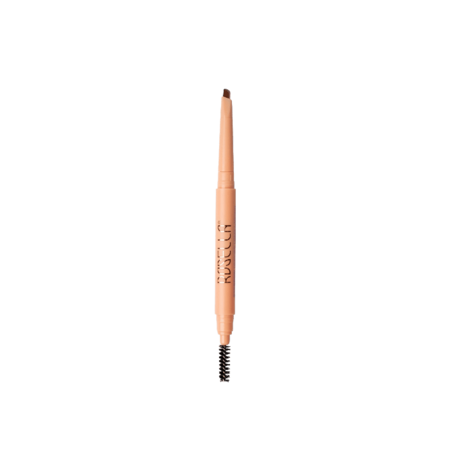 Rosella medium brown eyebrow pencil with angled tip, spoolie brush, and brown shade swatch